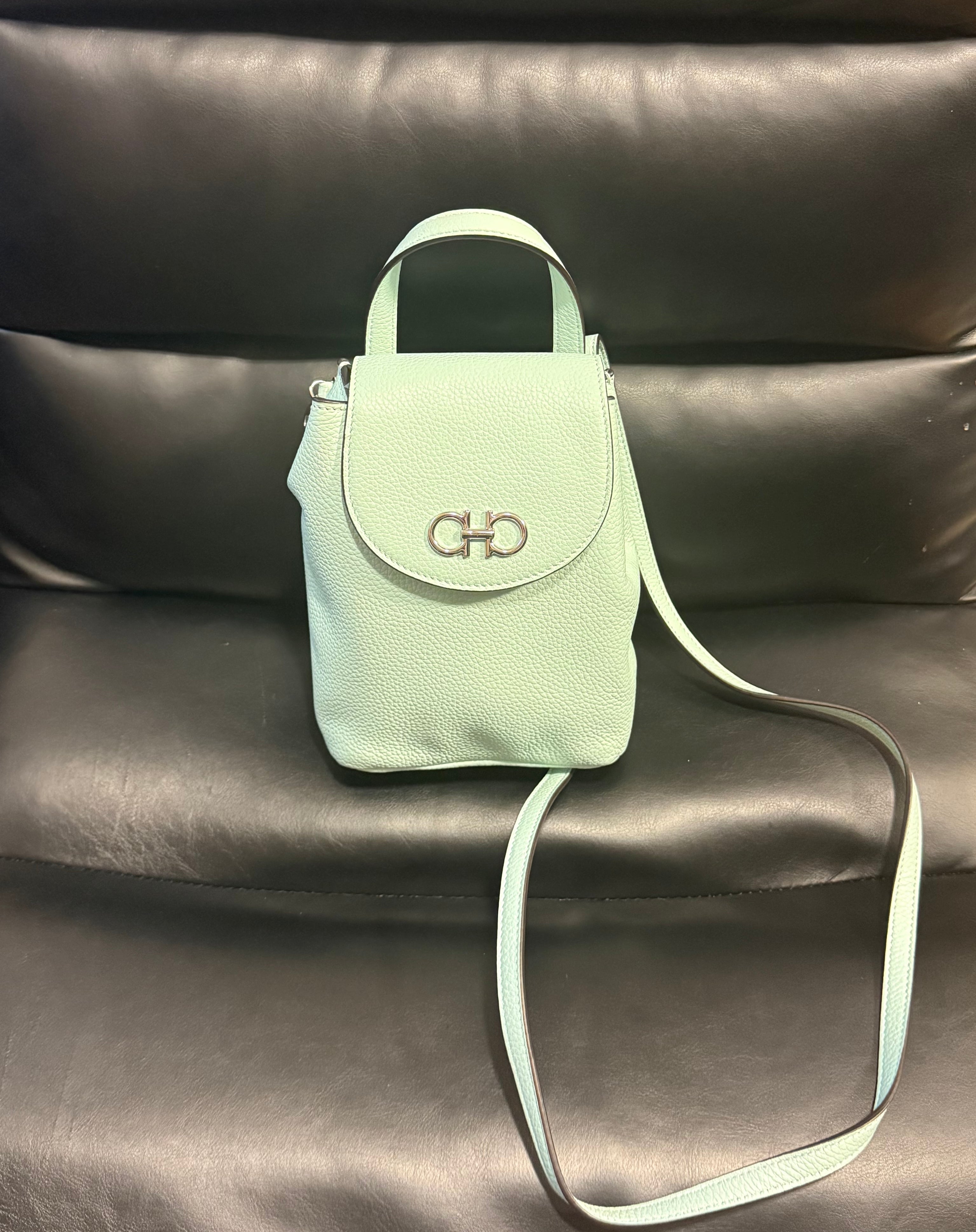 FERRAGAMO mint leather mini backpack crossbody.