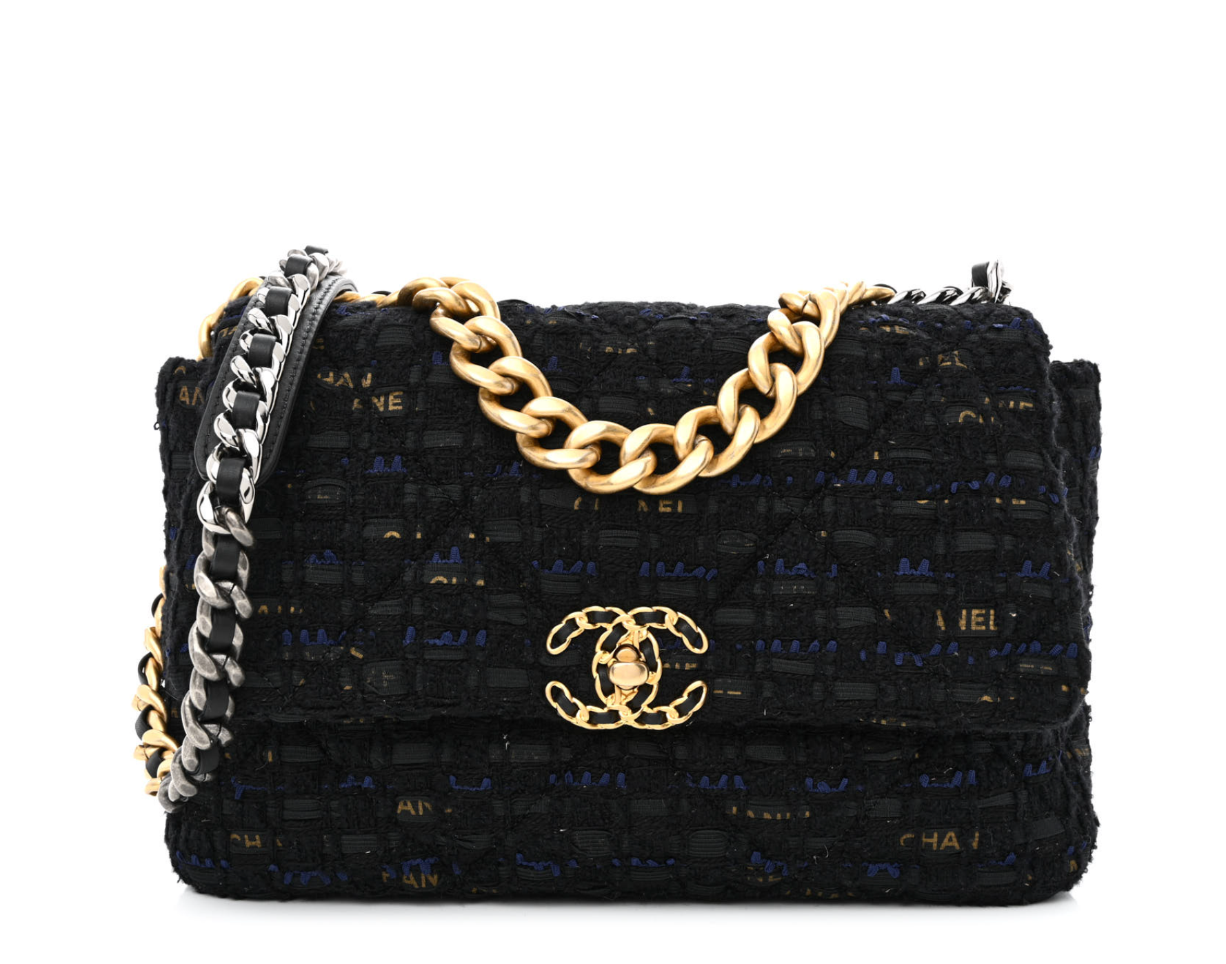CHANEL 19 Black Navy Gold Tweed Quilted Large Flap Bag