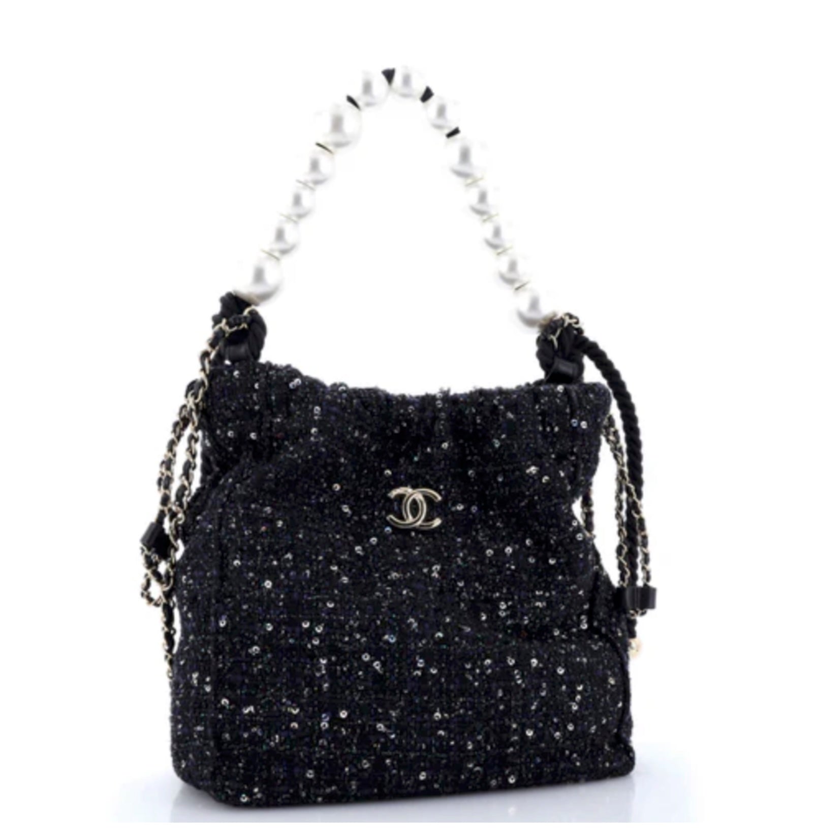 CHANEL Pearl Drawstring Sequin Embellished Tweed Bag