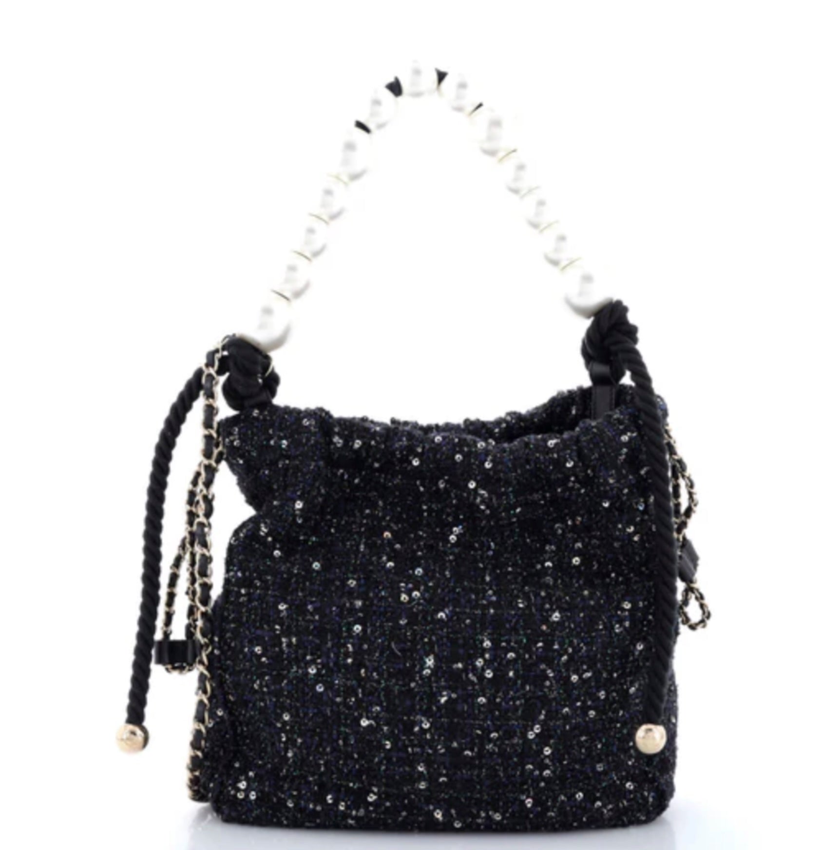 CHANEL Pearl Drawstring Sequin Embellished Tweed Bag