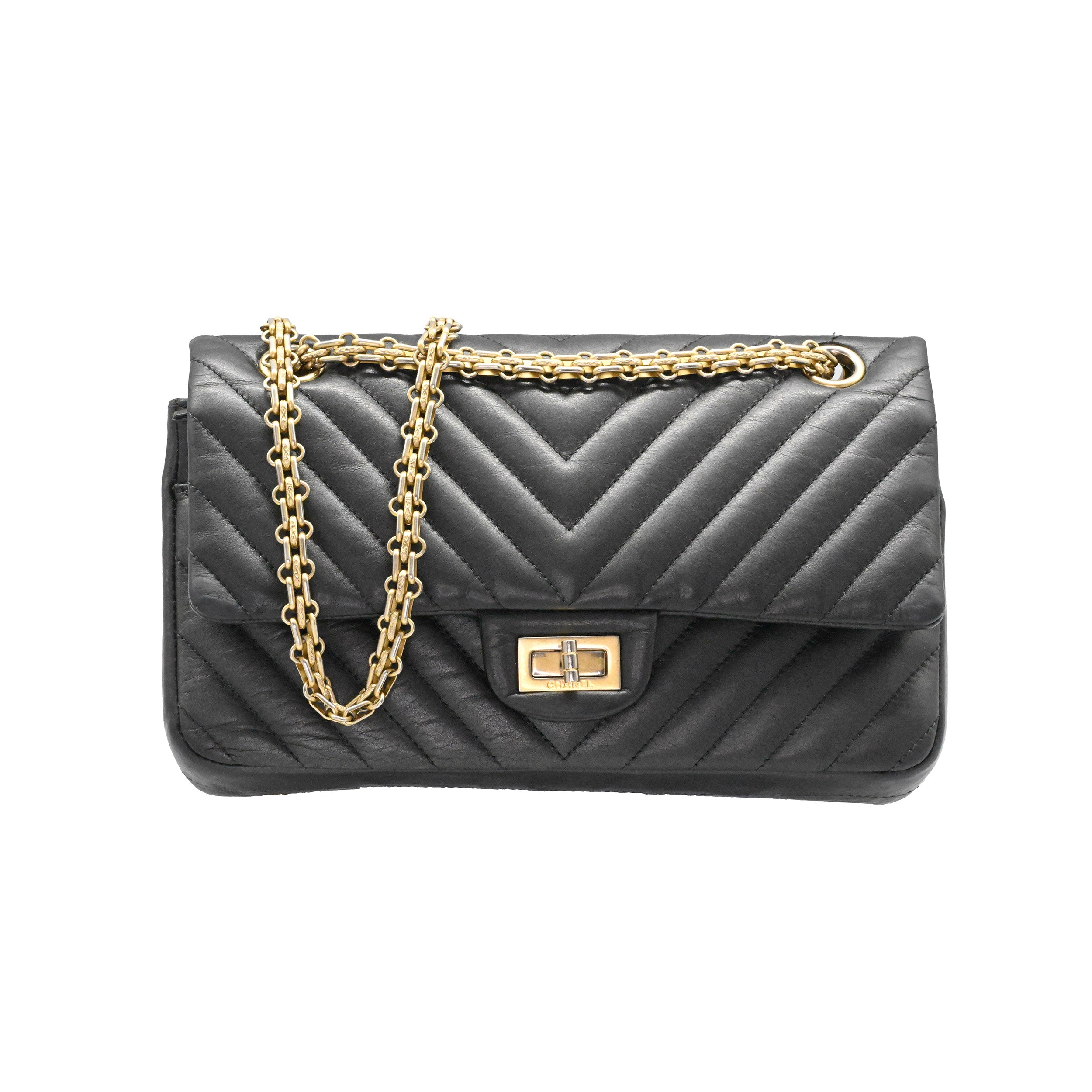 CHANEL Dark Grey Chevron Quilted 2.55 Reissue 225 Double Flap Bag