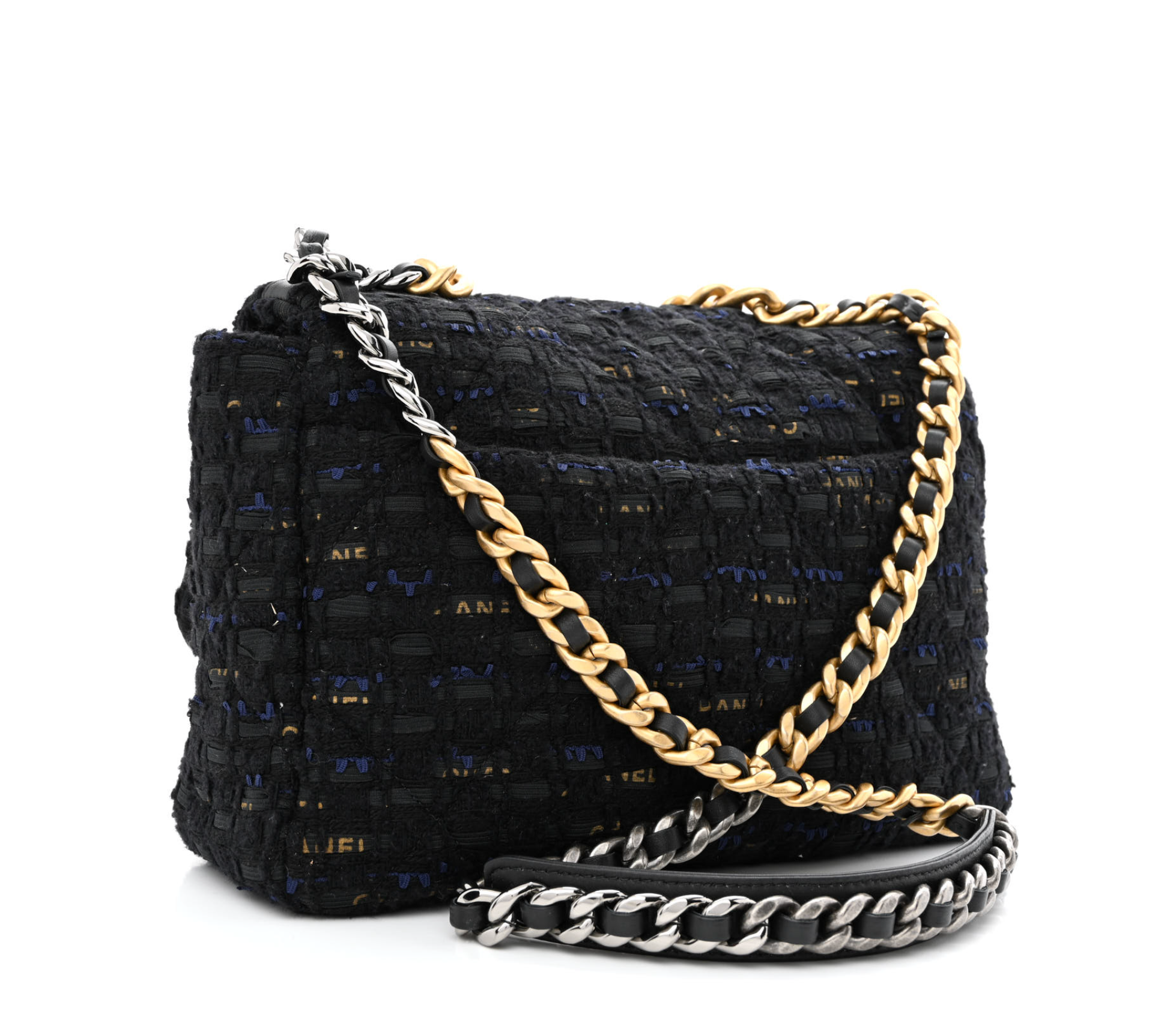CHANEL 19 Black Navy Gold Tweed Quilted Large Flap Bag