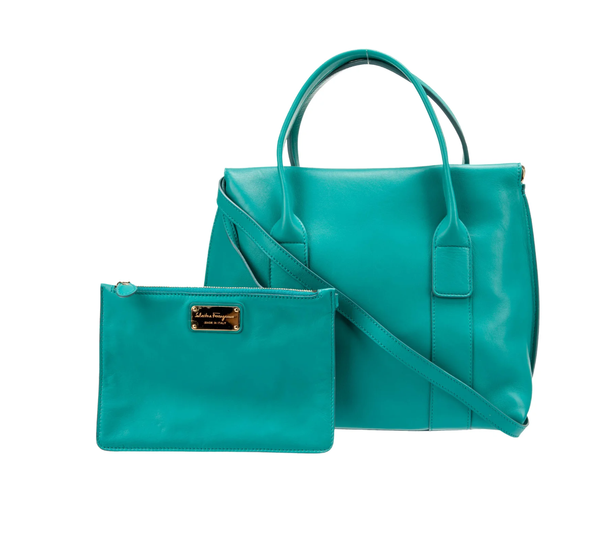 FERRAGAMO Turquoise Sookie Satchel Bag with Pouch
