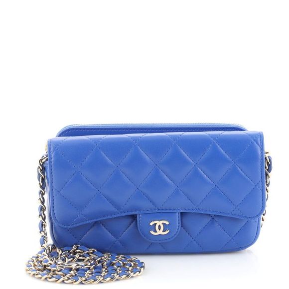 CHANEL Classic Flap Blue Phone Holder with Chain